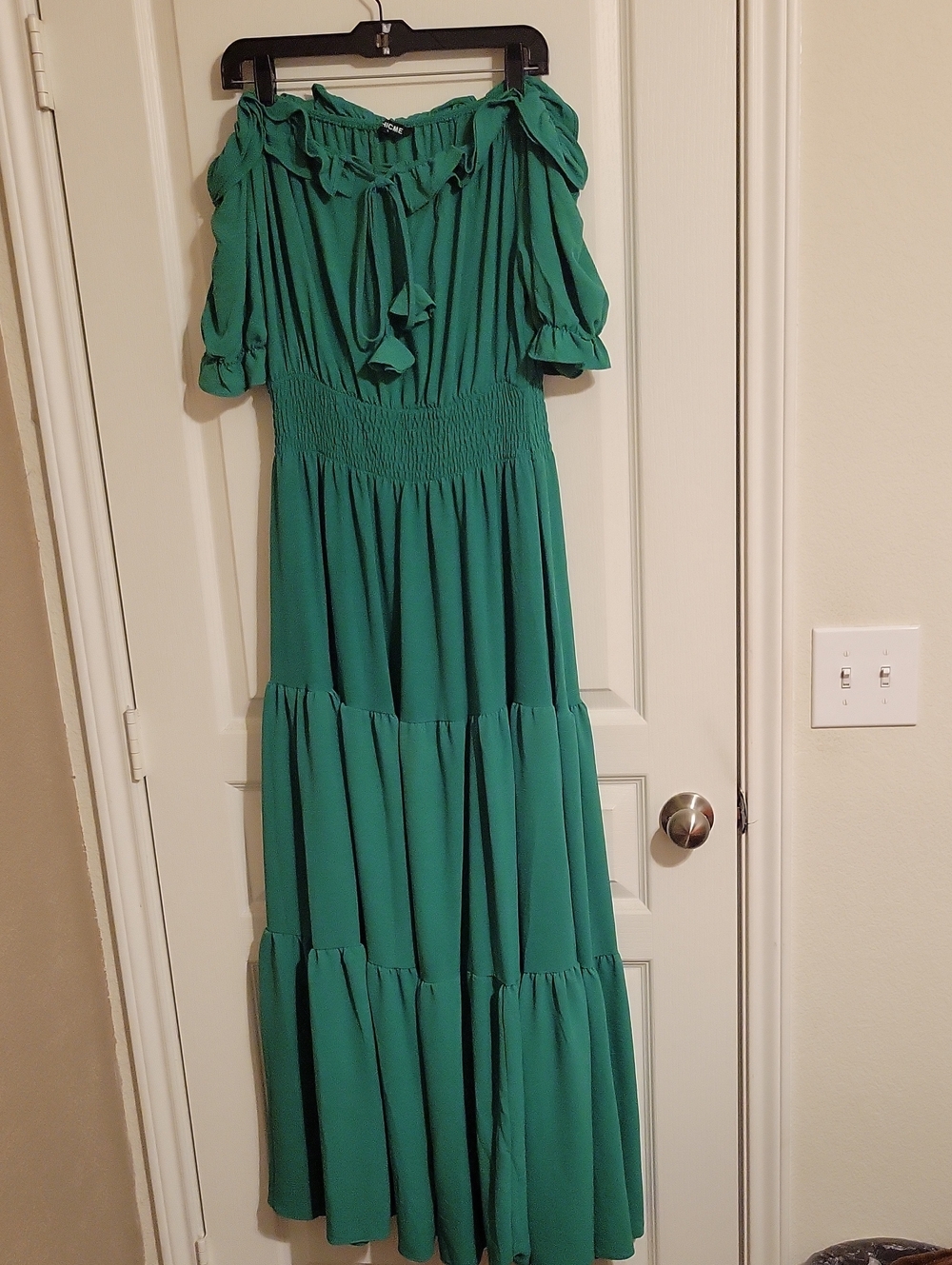 Emerald Off-Shoulder Tiered Maxi Dress with Smocked Waist